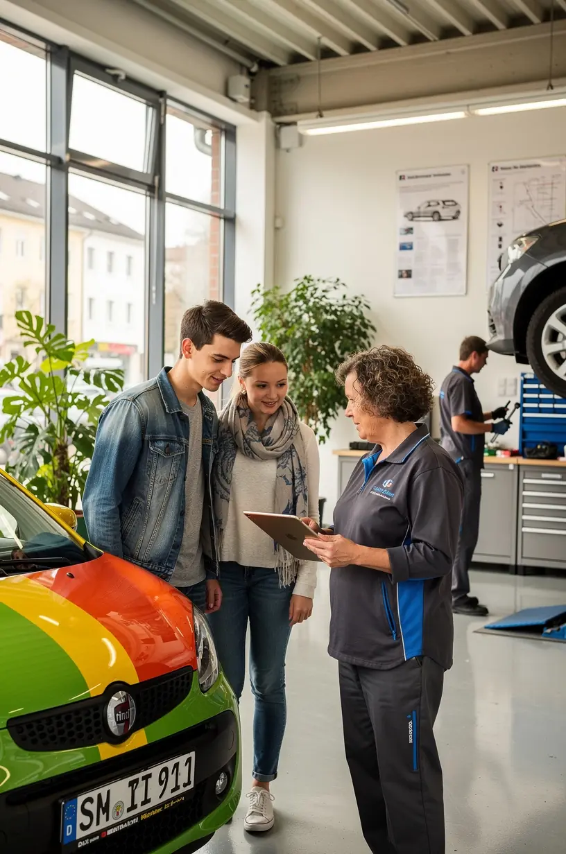 Techniker überprüft routinemäßig Bremsen und Reifen während einer Inspektion im deutschen Schnellservice.